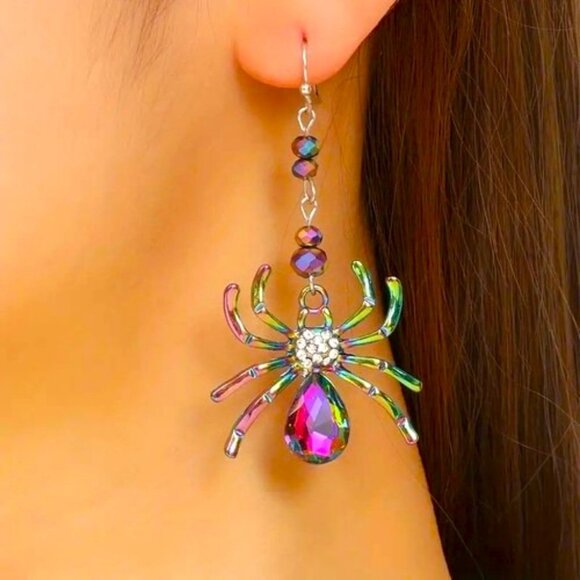 HALLOWEEN Colorful Spider Pearl Crystal Dangle Earrings - Picture 1 of 2